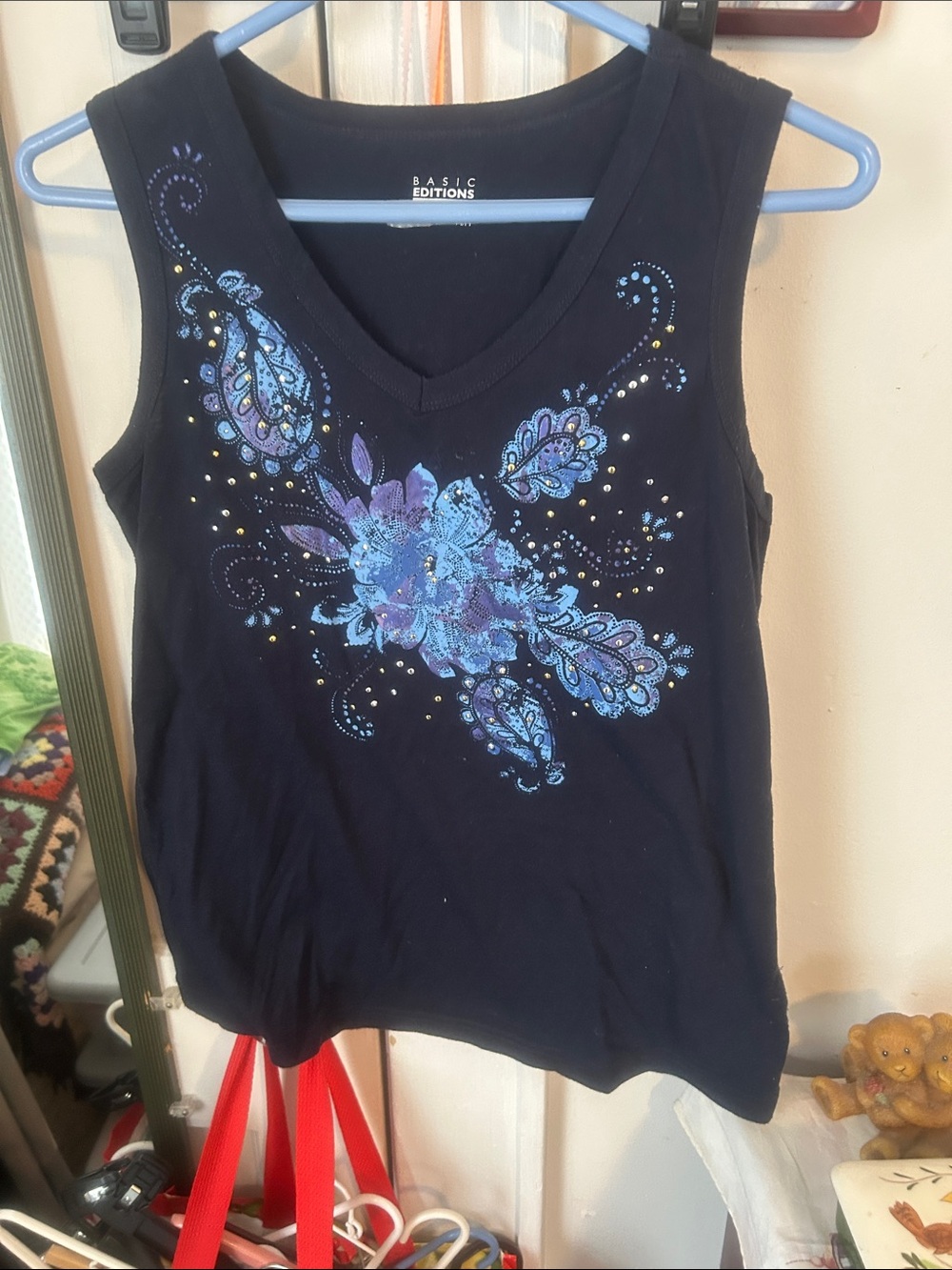 Basic Editions Black V-Neck Tank Top with Blue and Purple Floral Design